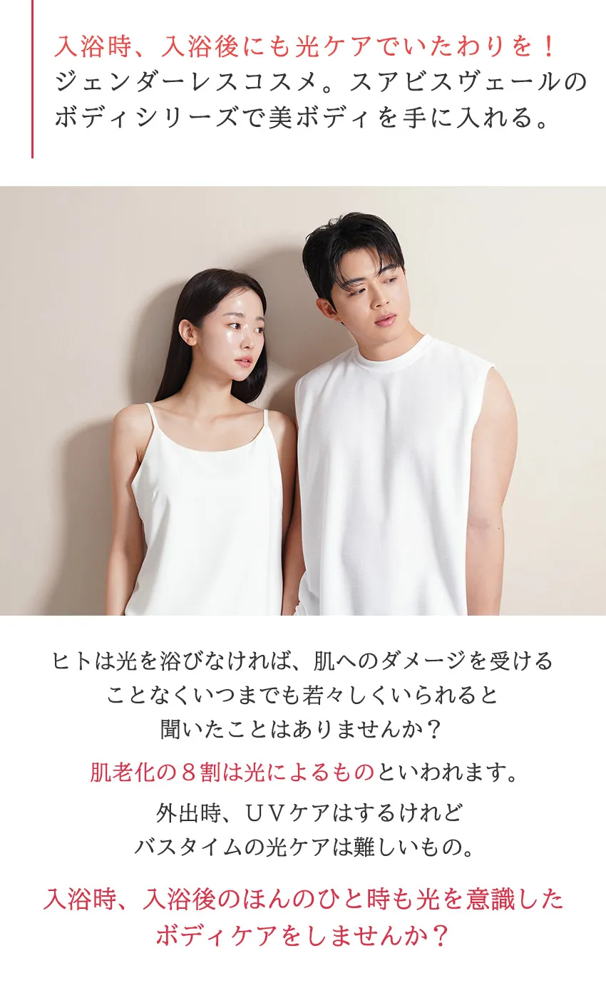 スアビスヴェールボディケアキットミニジェンダーレスコスメのコンセプト（入浴時の光ケアで美ボディ・肌老化の8割は光による）