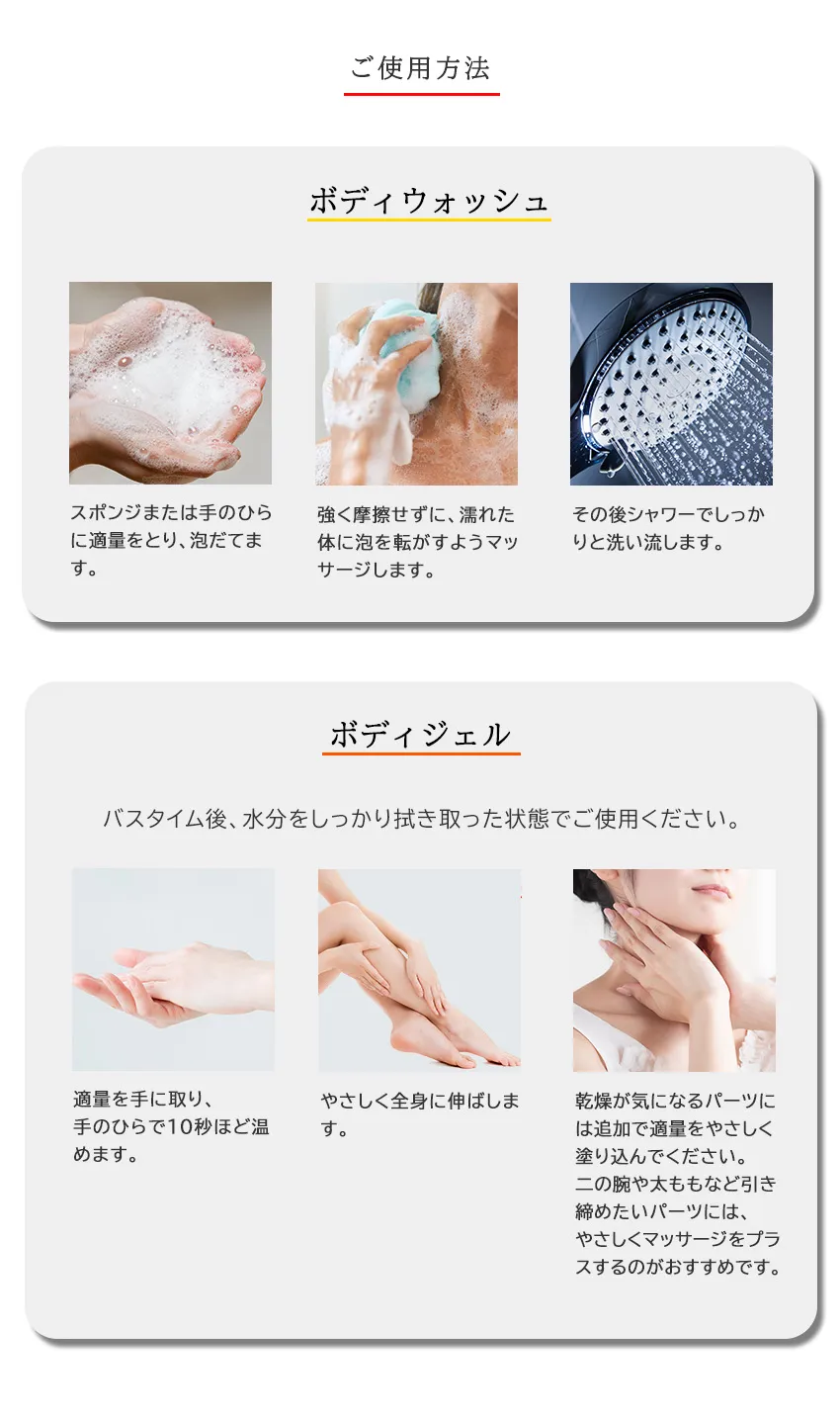 スアビスヴェールボディケアキットミニご使用方法（ボディウォッシュとボディジェルの使い方）