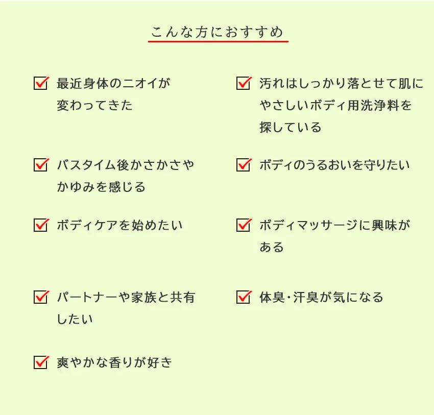 スアビスヴェールボディケアキットミニこんな方におすすめ（体臭・乾燥・ボディケア・パートナー共有・香り好きの方）
