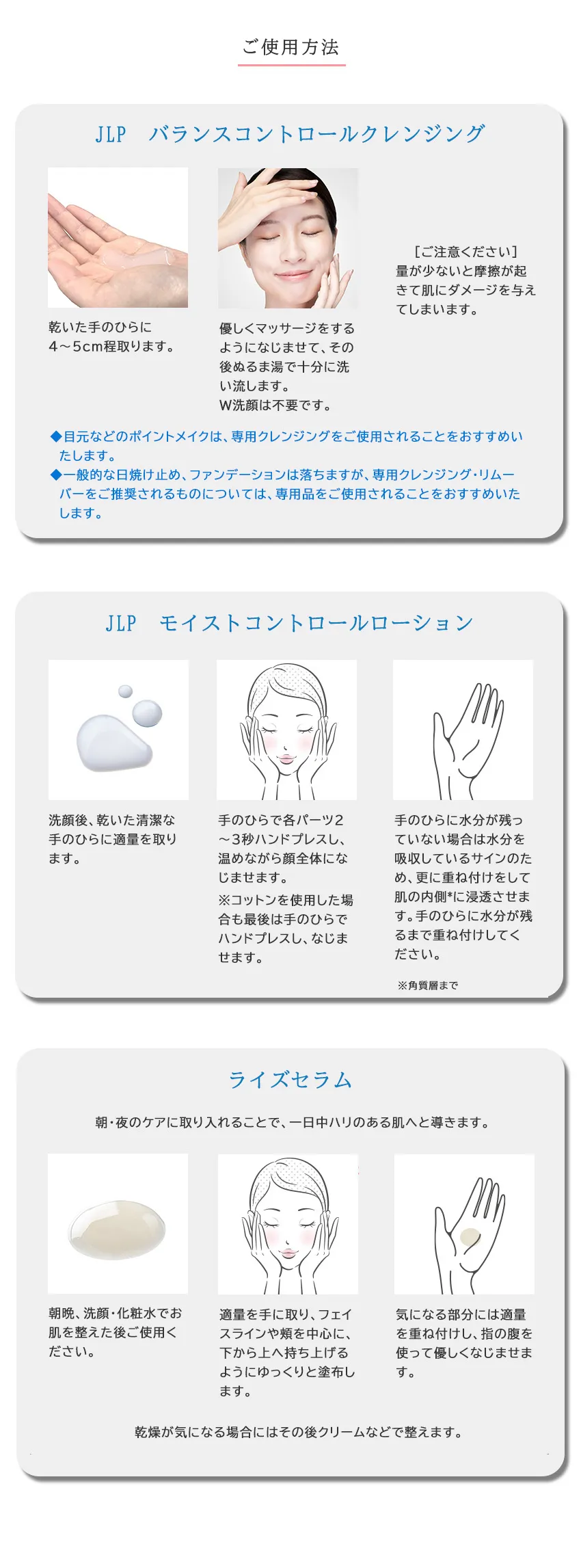 ベーシックトライアルキットライズver. ご使用方法（クレンジング・ローション・セラムの3ステップ）